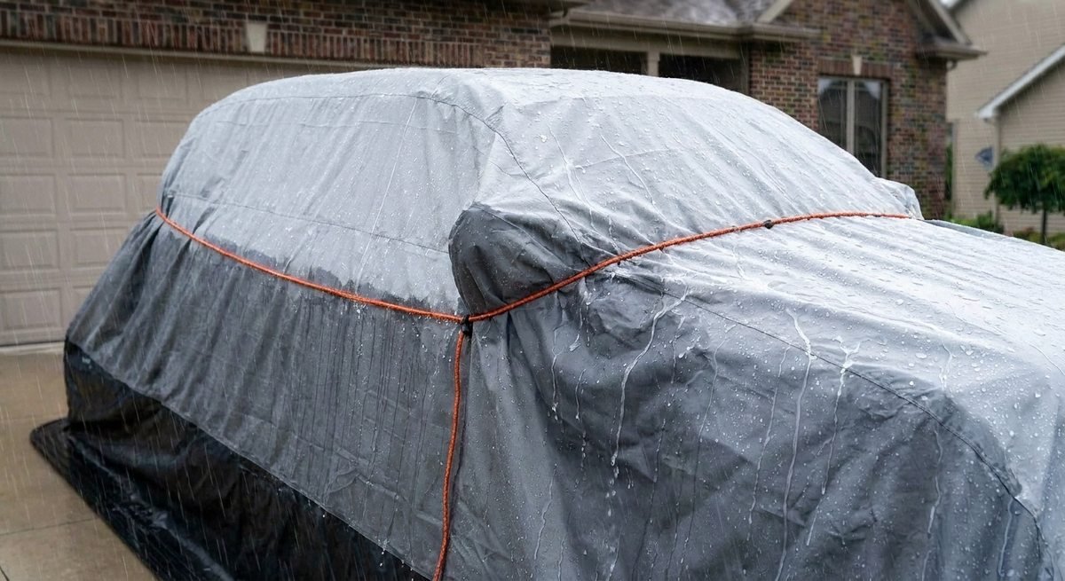 Rain streaming off the sealed roof flap and cinched closure