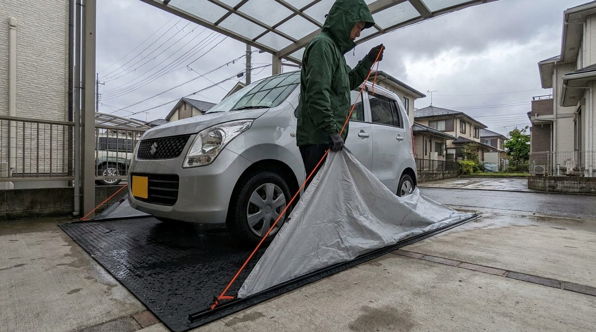 紐を引くと防水の袋が立ち上がる